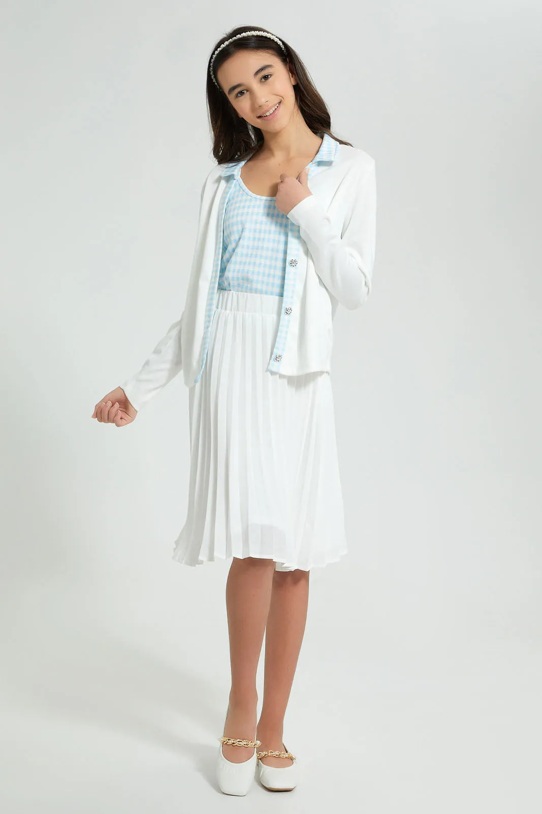 White Collared Cardigan With Inner Top (2 Piece)