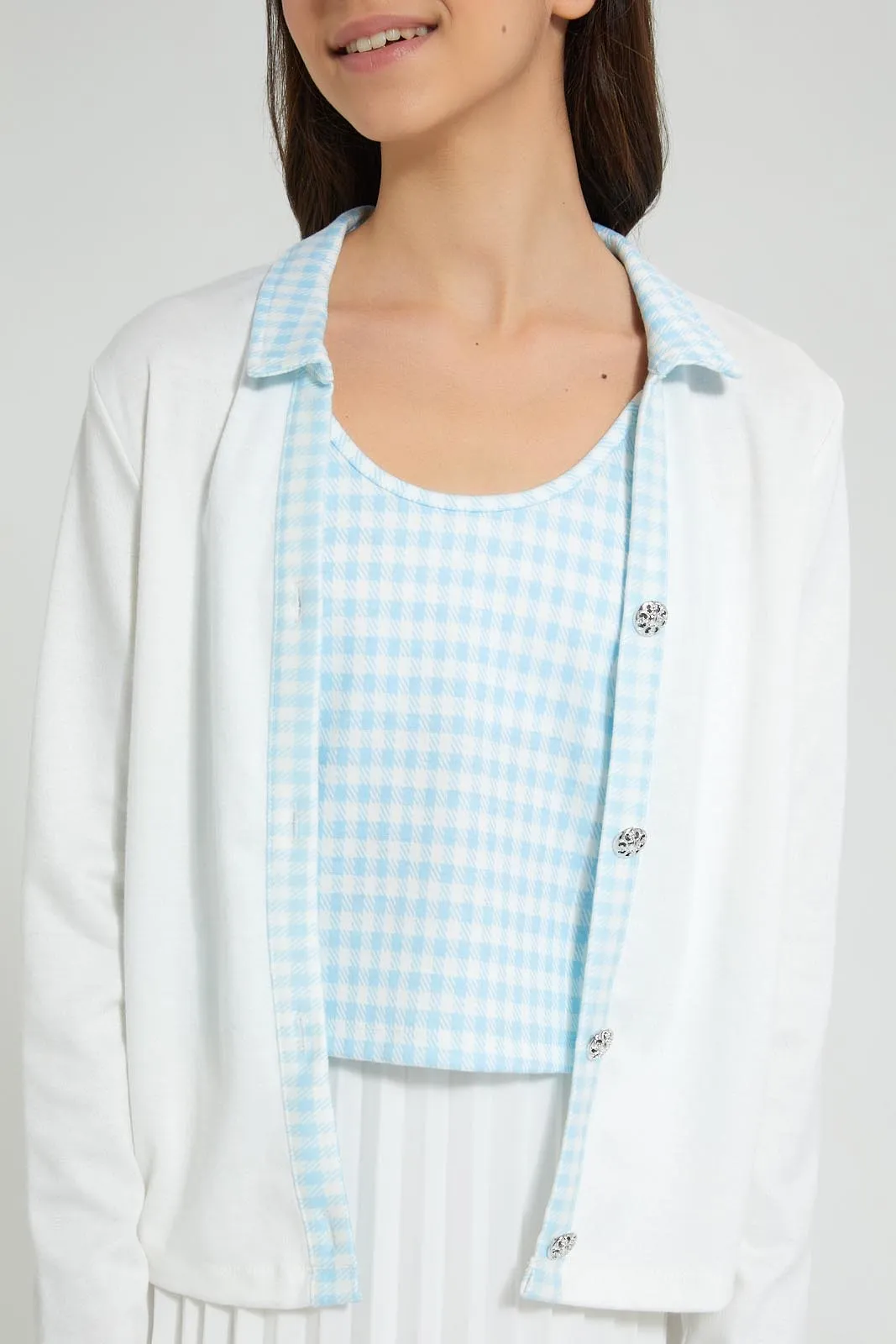 White Collared Cardigan With Inner Top (2 Piece)