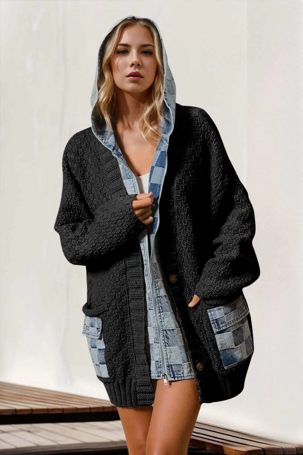 Women's Double Take Full Size Hooded Denim Sweater