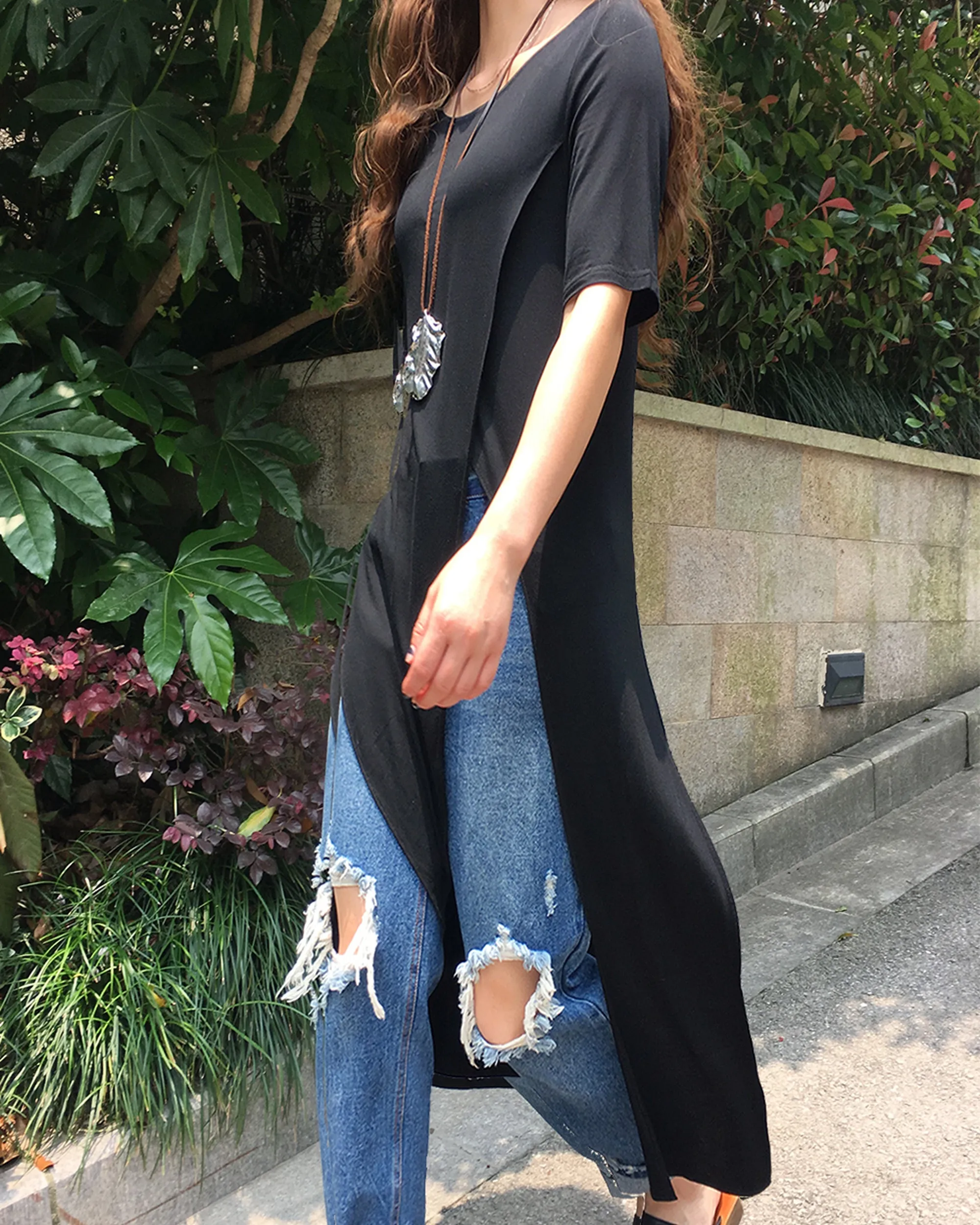 Women's short sleeve dress/tunic dress/modal cotton tunic dress/asymmetrical top/customized black dress(Y1943)