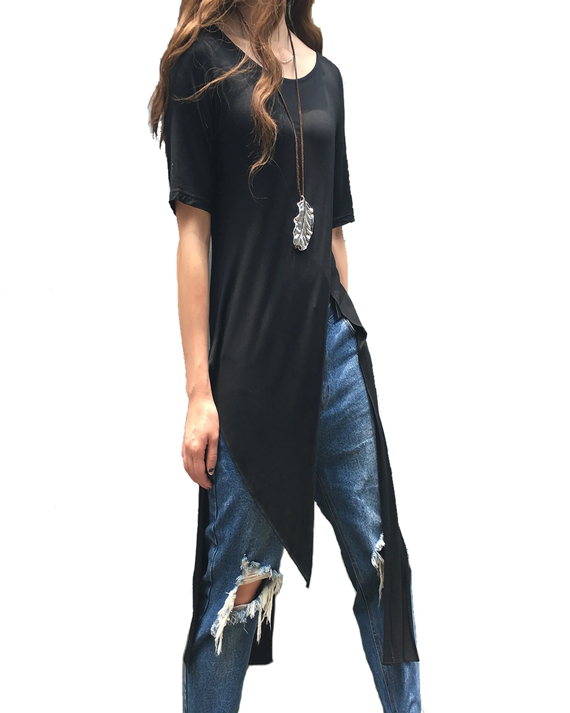 Women's short sleeve dress/tunic dress/modal cotton tunic dress/asymmetrical top/customized black dress(Y1943)