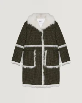 Woollen fabric and shearling hooded coat